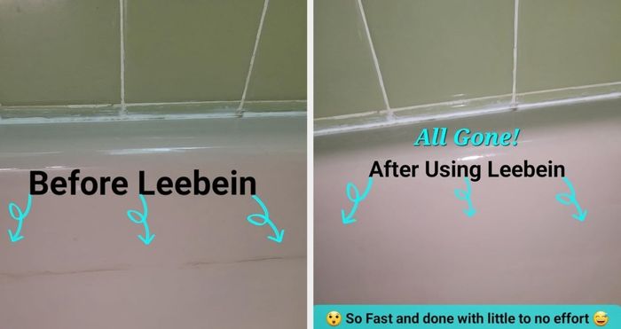 before-and-after images from the reviewer showcasing a freshly cleaned bathtub surface, labeled