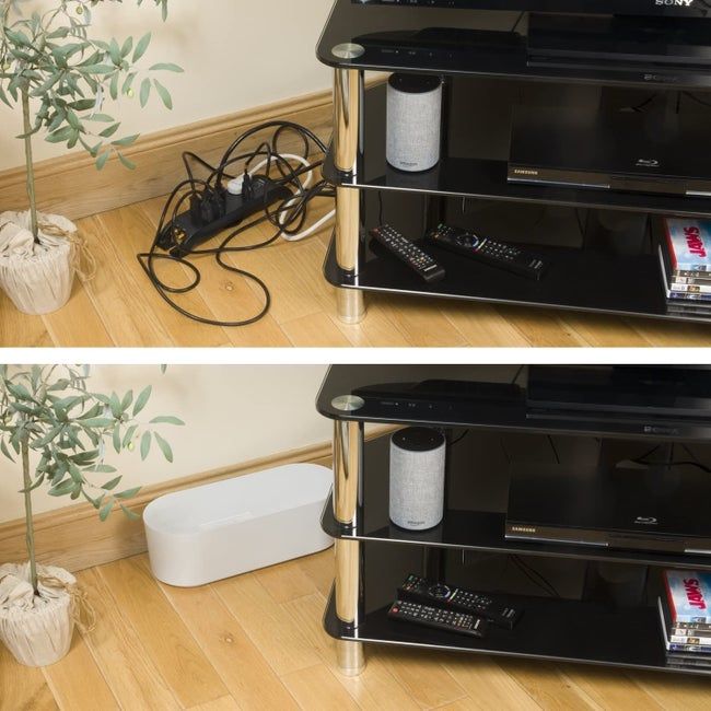 Before-and-after showing a tangled mess of cables, followed by the box neatly concealing all the wires