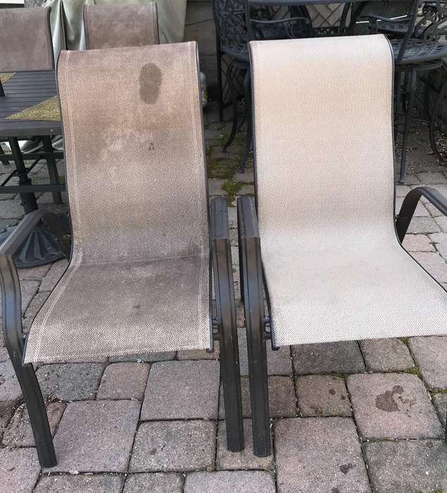 Reviewer demonstrating their outdoor chairs cleaned with and without the stain remover
