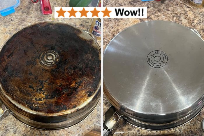 A before-and-after image of a pan being cleaned. On the left, a burnt pan; on the right, the pan is sparkling clean. Star rating and