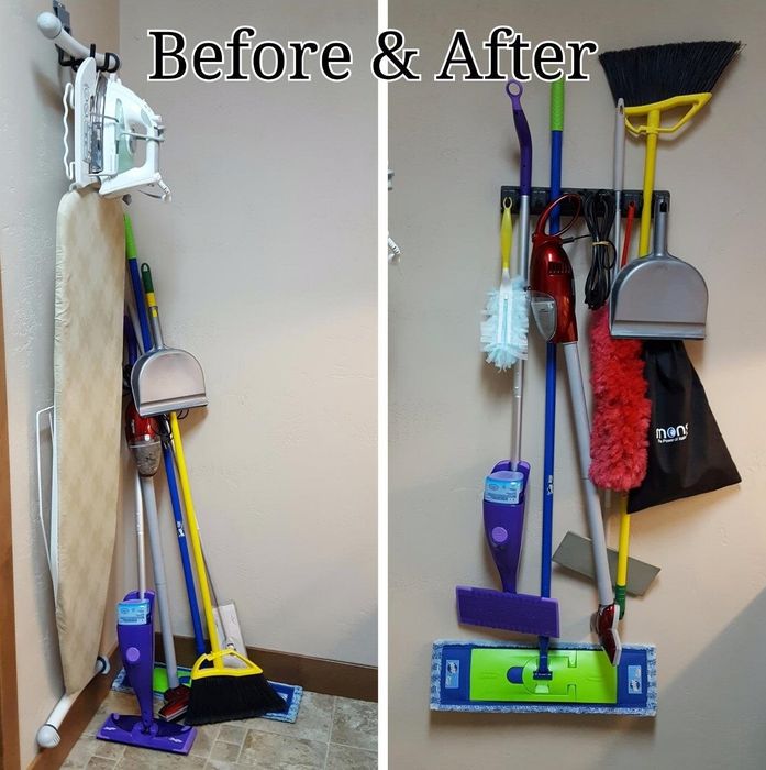 L: A reviewer photo showing a pile of brooms and dustpans in a corner, R: A reviewer photo of the wall-mounted rack with brooms, a dustpan, and other cleaning tools neatly hung from it