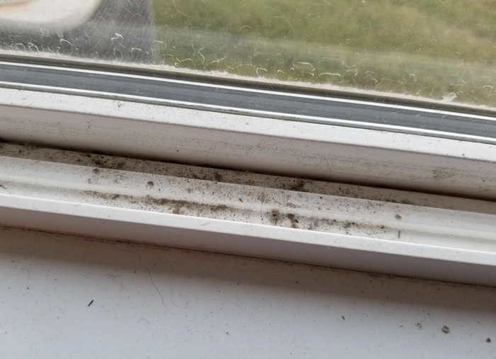 A window sill as seen before any cleaning has been done, with dust and debris clearly visible.