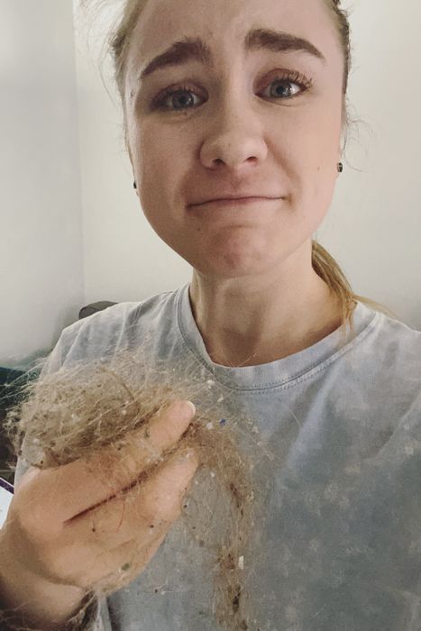 The same reviewer looking horrified, holding up the giant hairball pulled from the floor with the broom.