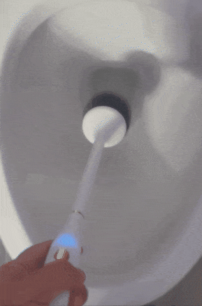 Another reviewer is activating the electric toilet brush and using it inside the bowl.