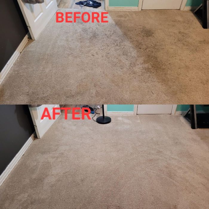 A side-by-side view of a carpet cleaning process: the top image showcases a soiled carpet, while the bottom shows the results after cleaning.
