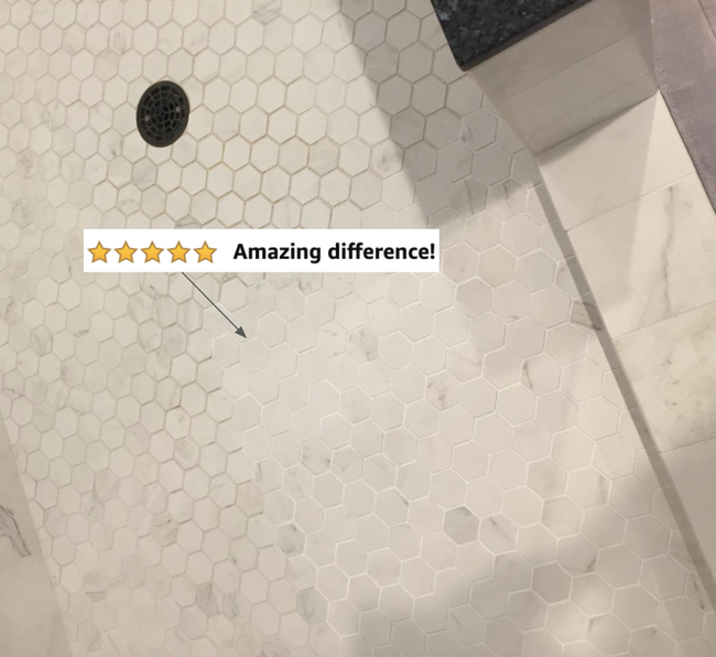 A reviewer’s photo showing grout that’s been cleaned on one side and remains dirty on the other