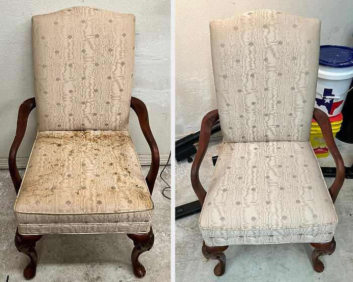 Before/after image showing a dirty, stained chair transformed into a pristine white one