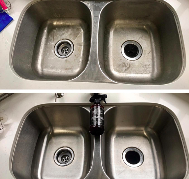 Reviewer before-and-after photo showing a sink with a dirty top and a clean bottom