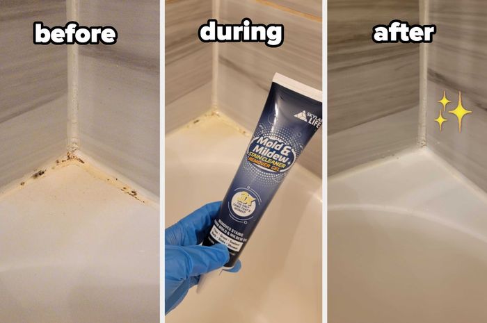 before/after images showcasing the Skylarlife gel applied to a moldy bathroom corner, effectively removing the stains