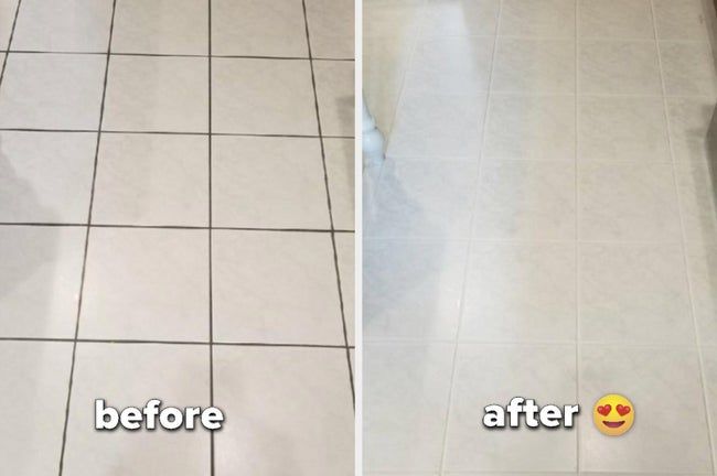 A customer review showing before and after images of a tiled floor, highlighting the difference between dirty grouts and completely clean, white lines.