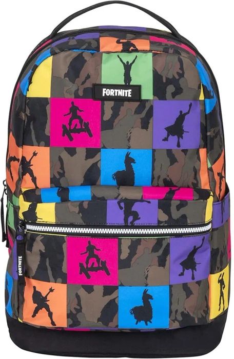 A colorful backpack featuring a vibrant pattern of multicolored squares.