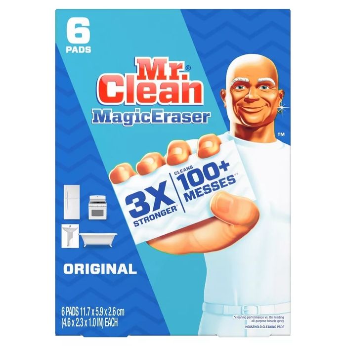 Mr. Clean Magic Eraser packaging featuring Mr. Clean holding a Magic Eraser. The box promotes 