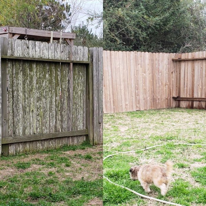A reviewer's before-and-after photos of a dirty fence that looks brand new after using the pressure washer.