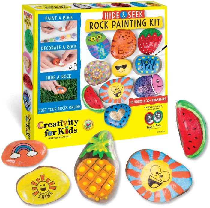 The set includes everything you need to start creating colorful designs on your own rocks.