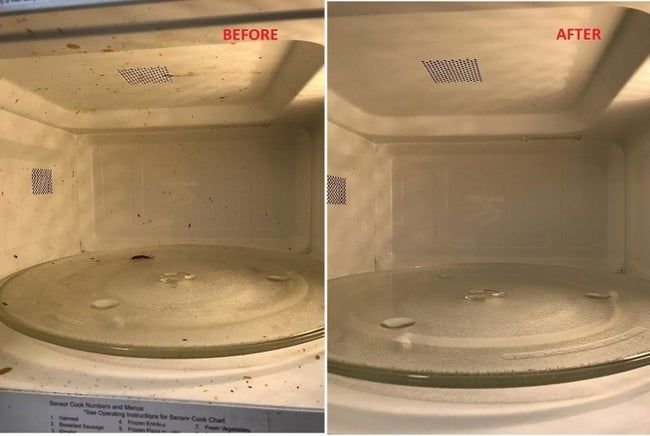 A side-by-side comparison of a microwave with food splatters inside, next to an image of the same microwave, now spotless after using the steam cleaner.