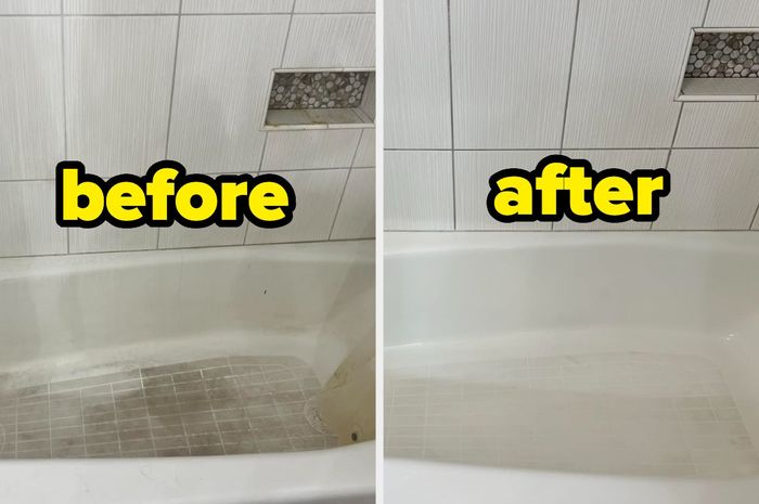 A before-and-after comparison of a bathtub cleaning. Left: a grimy tub. Right: a spotless tub