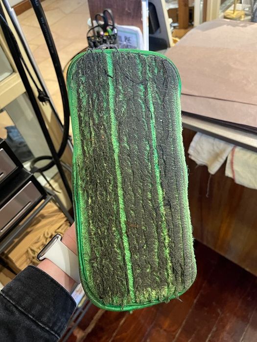 Reviewer holding a used mop pad after cleaning