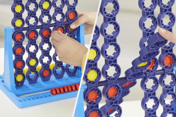 A split image highlighting the game with blue spinning frames and red and yellow checkers in place.
