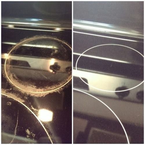 A reviewer’s before-and-after photo showcasing the powerful results of using the cooktop cleaning kit, revealing a sparkling clean stove.