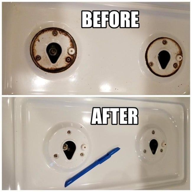 A before-and-after shot of the scraper tool demonstrating its impressive ability to remove nearly all rust from a stove