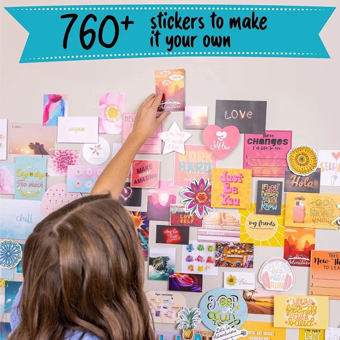 A child placing stickers and other craft materials from the kit onto the wall