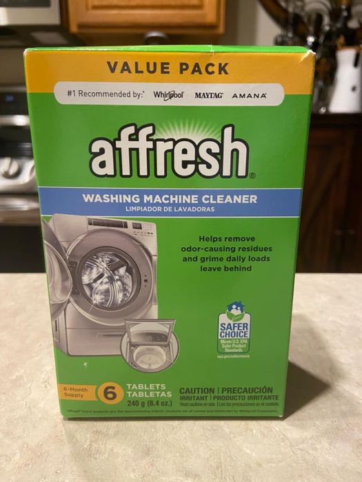 A box of affresh Washing Machine Cleaner tablets, endorsed by Whirlpool, Maytag, and Amana for maintaining your washer.