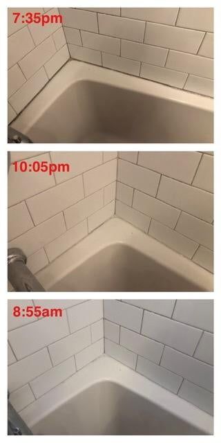 reviewer's transformation photo showing dark mold and mildew on shower tile grout vanishing overnight