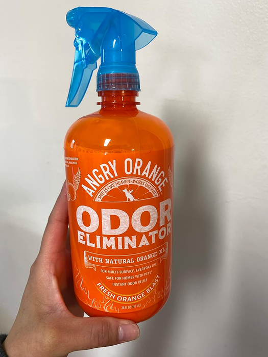 A reviewer holding up the spray bottle
