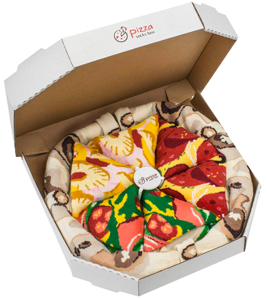 A pizza box containing several pairs of socks designed to look like pizza crust and slices