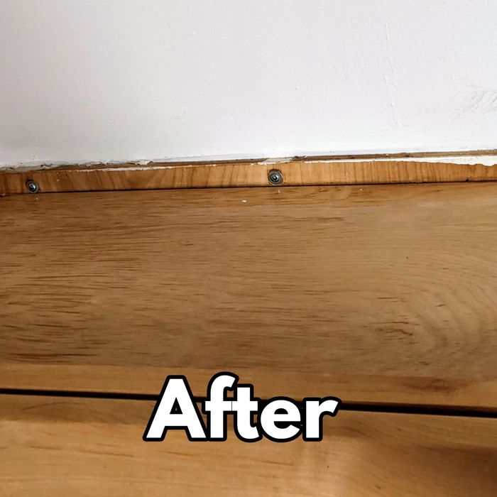 A reviewer’s photo of the same cabinet now spotless, with text reading