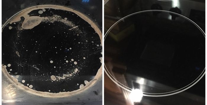 A before-and-after photo showing a stovetop before and after cleaning, revealing the transformation from dirty to sparkling clean.