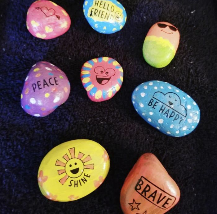 A photo from a reviewer showcasing a collection of painted rocks