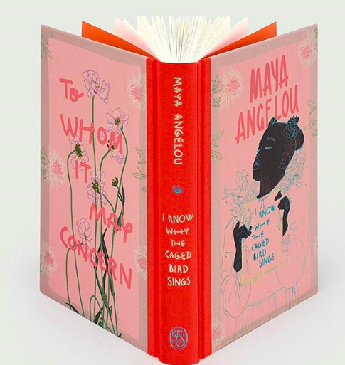 Cover of a book in shades of pink featuring an illustration of Maya Angelou