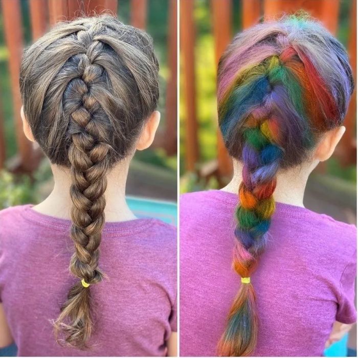 A reviewer's before-and-after photo showing a child with brown braided hair, followed by the braid colored with various hues.