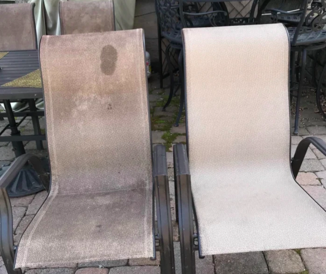 A gray patio chair with stains sits next to its cleaned counterpart, showcasing a stark contrast after treatment