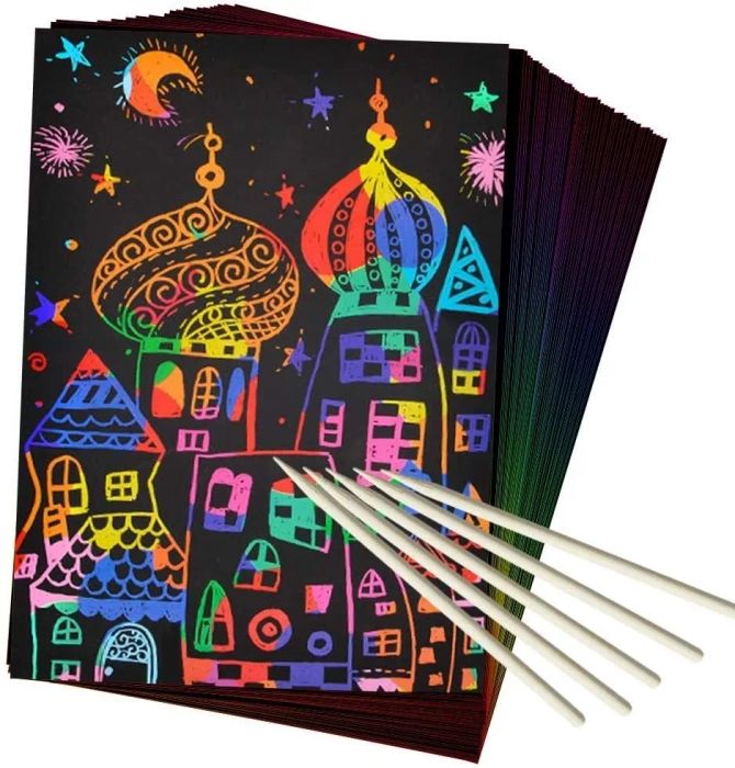 A scratch art image featuring a rainbow castle, along with wooden drawing tools.