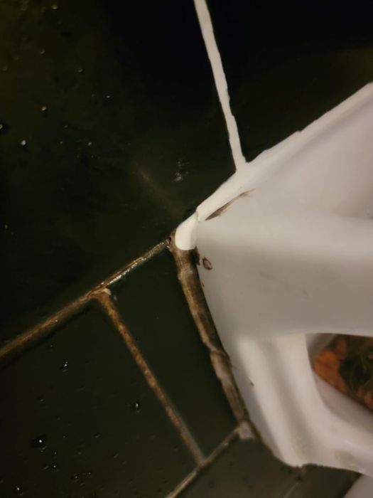 A close-up shot of a bathroom sink, showing the discolored sealant in the corner next to a tiled wall, focusing on home repair or cleaning problems
