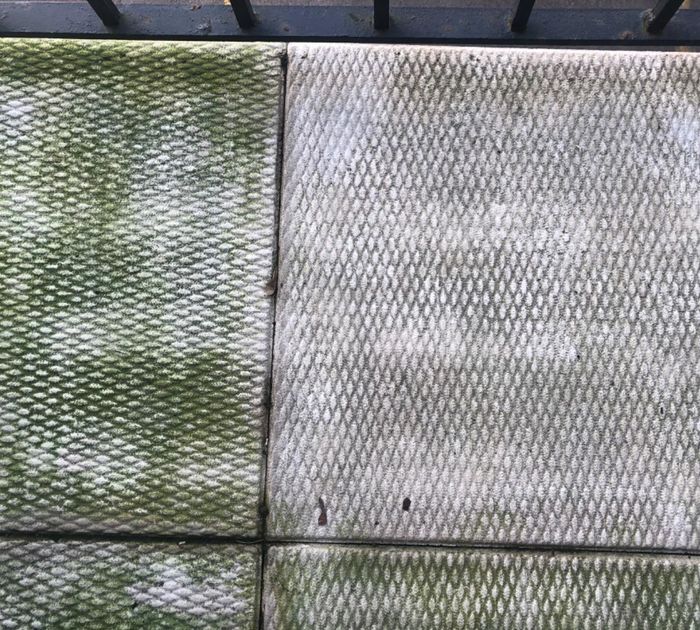 A photo of outdoor patio tiles, with three tiles covered in green, and one tile left unchanged after being sprayed with the cleaner.
