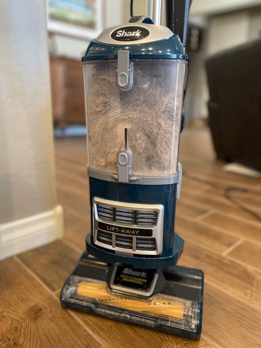 Another vacuum, standing and filled with a mixture of hair and dirt from cleaning.