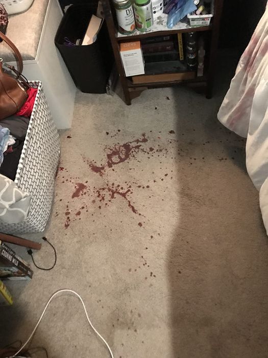 Reviewer image displaying a large red wine stain on a carpet before cleaning