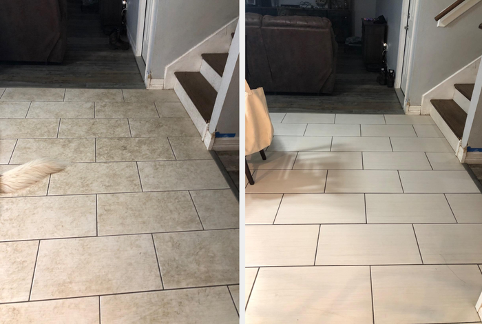 A before-and-after of a white tile floor that was covered in dirt and grime, now sparkling clean after using the Bissell cleaner.