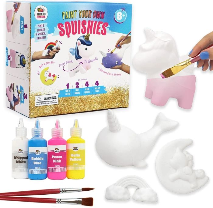 Includes four blank squishies, four paint bottles, two paintbrushes, and a box.