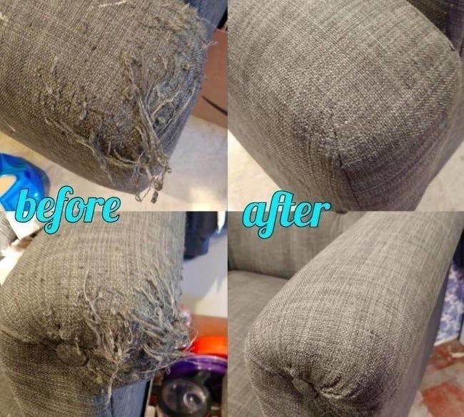 A reviewer's photo showing the left side with a couch arm covered in fabric pilling, and the right side where the defuzzer has completely removed the pilling