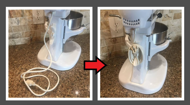 A comparison image showing a stand mixer with its cord tangled, followed by the same stand mixer with the cord neatly coiled and organized.