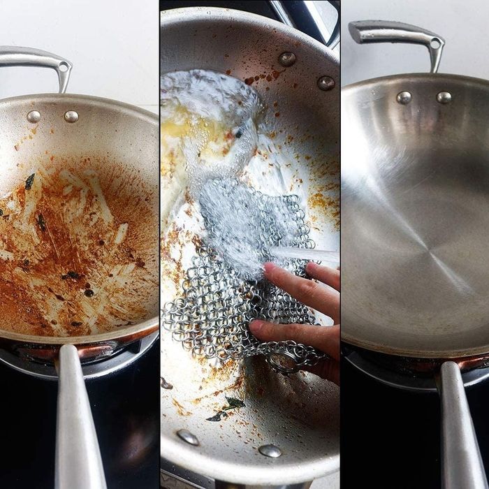 A model demonstrating the chainmail scrubber on a pan, with before-and-after photos displayed on either side