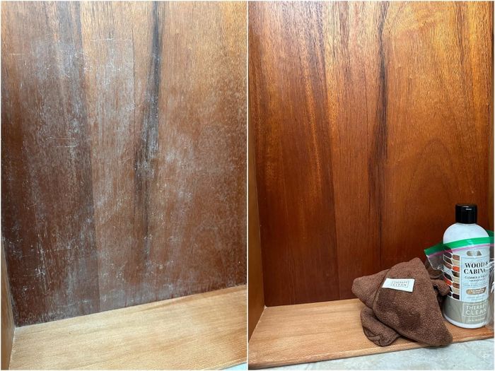 A before-and-after comparison of a wooden cabinet being cleaned, with the right side displaying the polished wood alongside cleaning products and a cloth