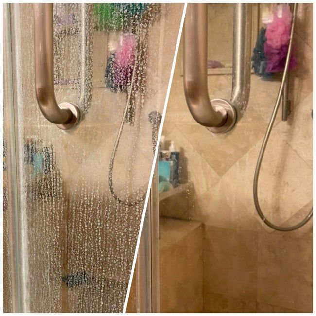 A reviewer’s image comparing a stained shower door to a clean one