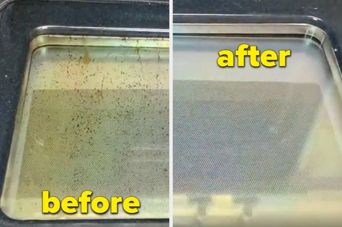Before-and-after photos of the oven door; left side dirty, right side clean