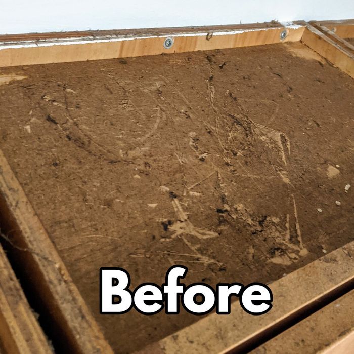 A reviewer’s photo of a cabinet top covered in a thick layer of grime and dust, with text reading