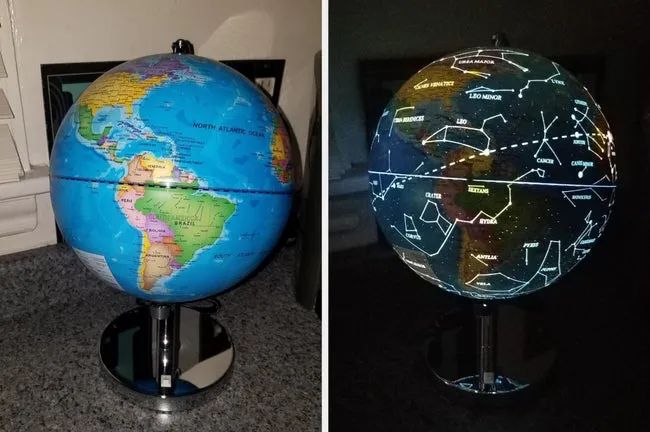A photo from a reviewer showcasing a split image of the globe in both world map and constellation modes, illuminated.